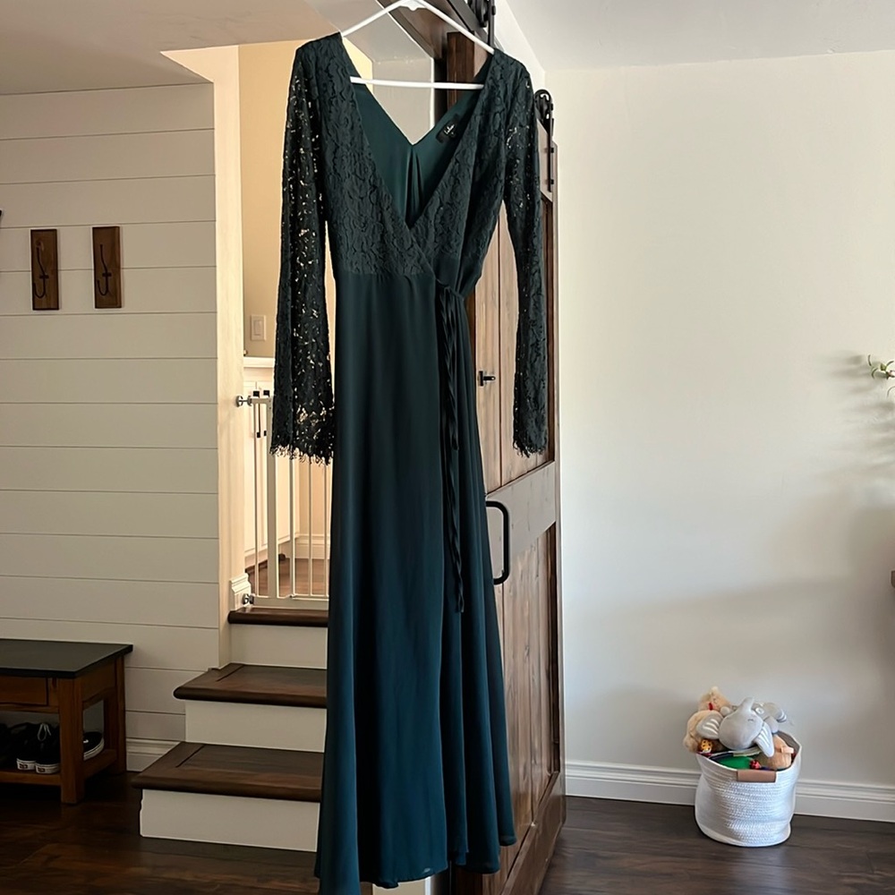 Dark green floor length bridesmaid dress. Size small